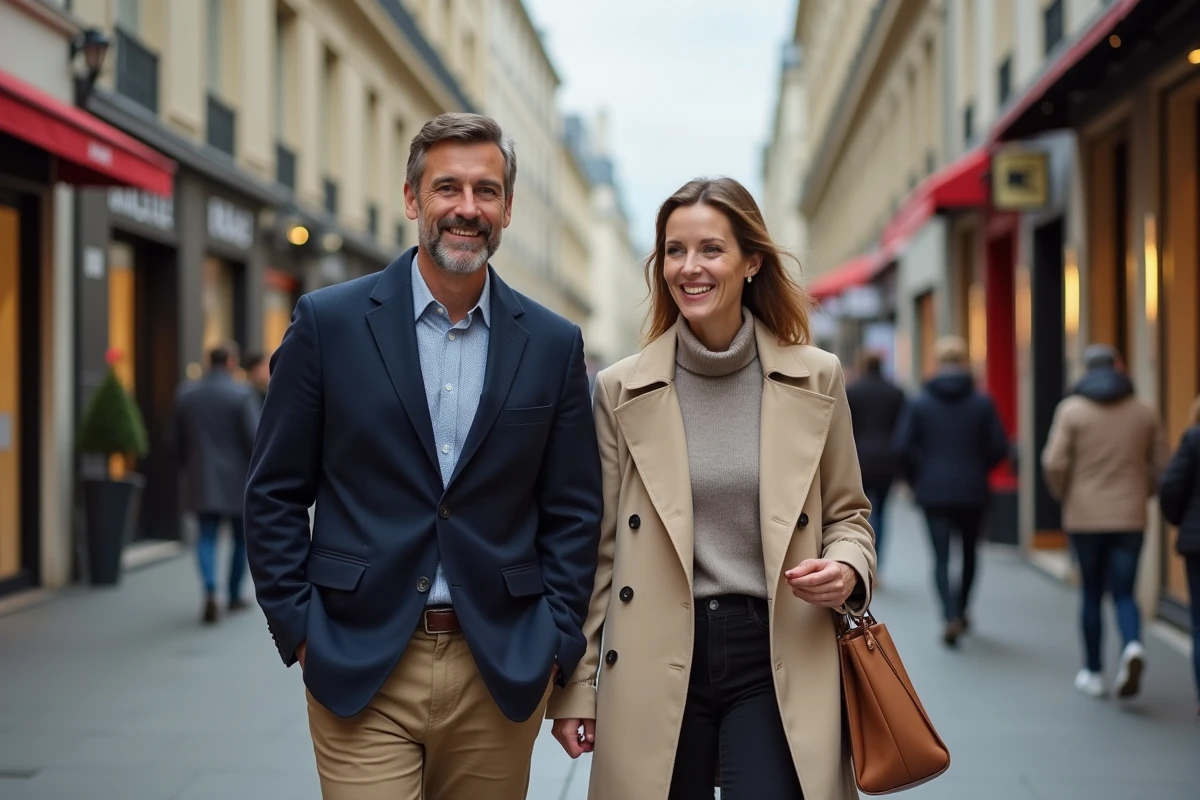Couple élégant se promenant sur l'Avenue Montaigne à Paris devant des enseignes de mode de luxe