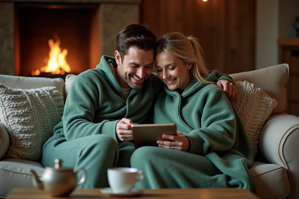 Couple adulte en pyjamas pilou pilou vert sauge assortis sur un canapé sous un plaid, soirée d'hiver confortable devant une cheminée