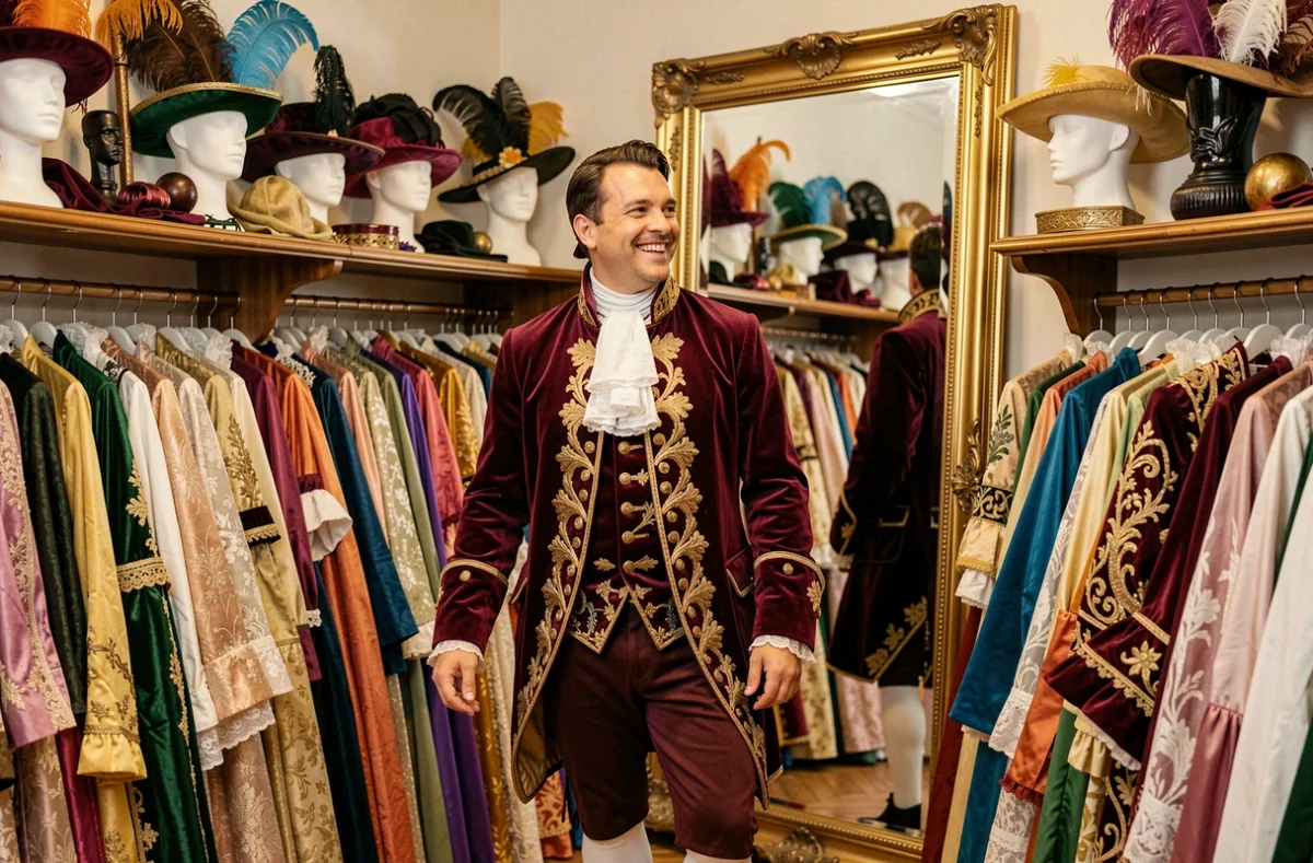 Un homme essayant un costume de théâtre historique bordeaux dans la boutique de location Déguisez Moi - Chic Follies à Versailles