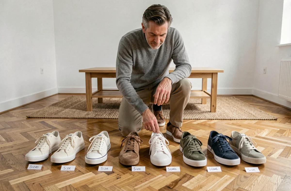 Homme alignant plusieurs paires de sneakers avec des étiquettes de pointure UK différentes sur le parquet de son appartement, montrant les variations de taille entre marques