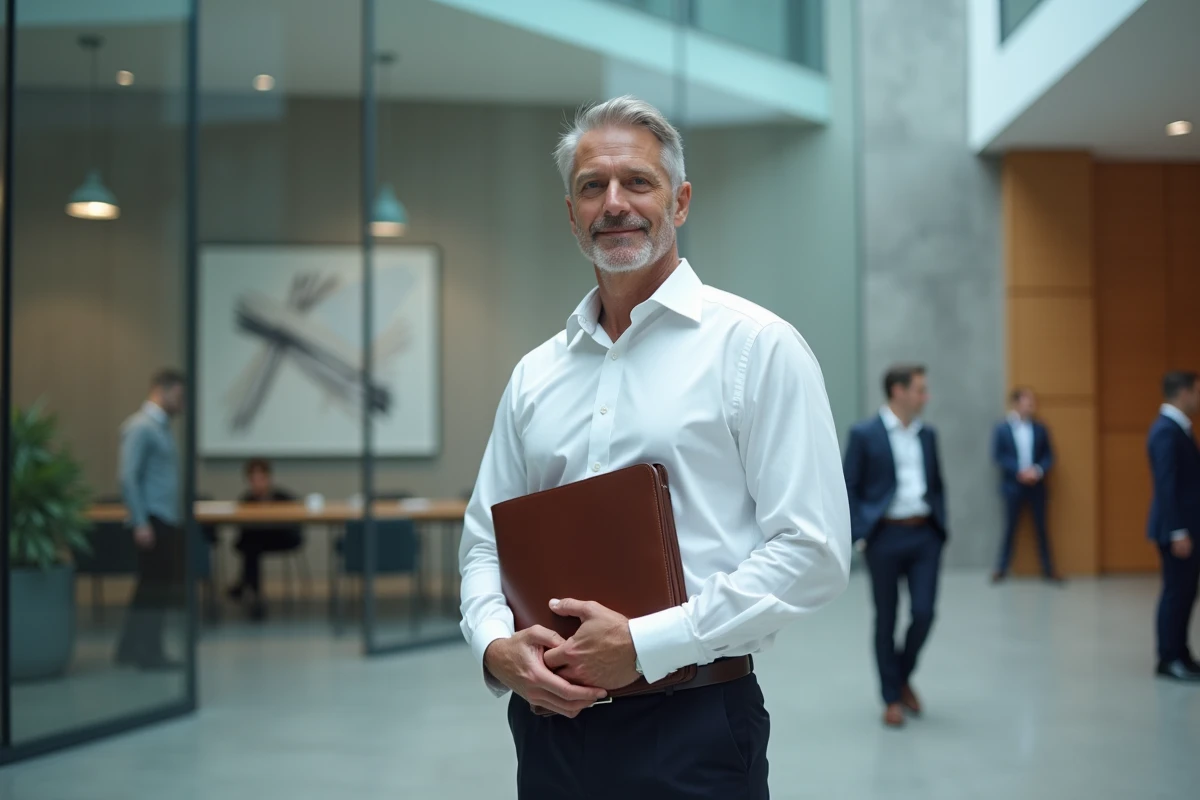 Cadre dirigeant dans un atrium d'entreprise moderne tenant un portfolio, évoquant la direction stratégique d'un grand groupe comme LVMH