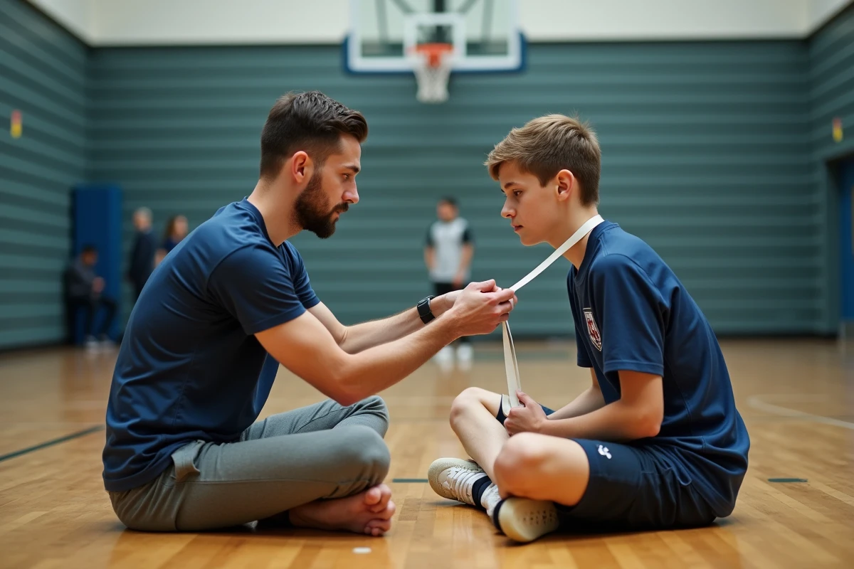 Entraîneur mesurant le tour de tête d'un adolescent au gymnase pour sélectionner le bon casque de sport
