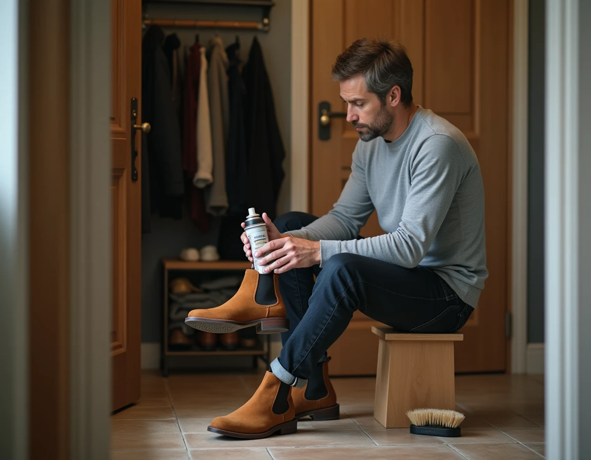 Homme entretenant une bottine Chelsea en daim camel avec un spray protecteur dans un couloir d'entrée