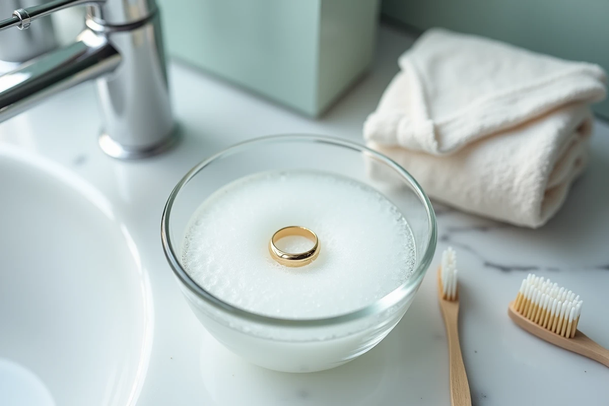 Chevalière en or blanc homme trempée dans un bol d'eau savonneuse avec brosse douce sur un comptoir en marbre