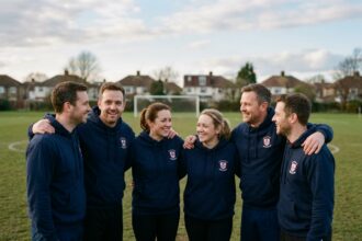 Équipe de sport amateur portant des sweats assortis comme dress code officiel sur un terrain de football