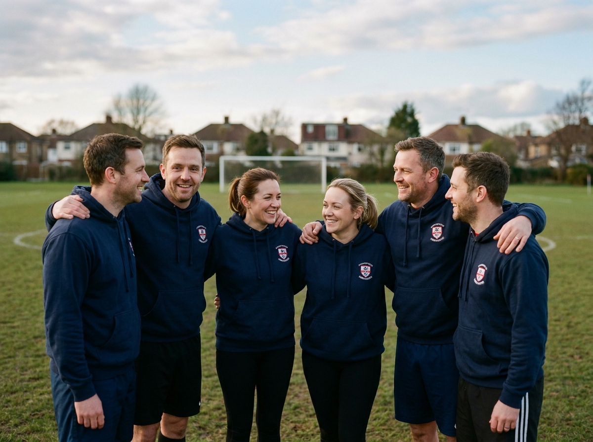 Équipe de sport amateur portant des sweats assortis comme dress code officiel sur un terrain de football