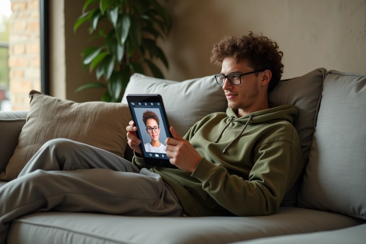 Personne utilisant une tablette pour comparer et essayer des modèles de lunettes via une application en ligne depuis son canapé