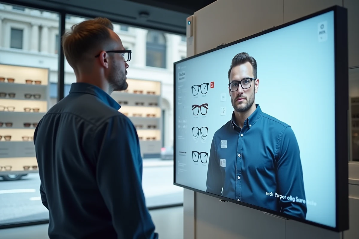 Homme utilisant une borne interactive en magasin d'optique pour essayer des montures de lunettes virtuellement