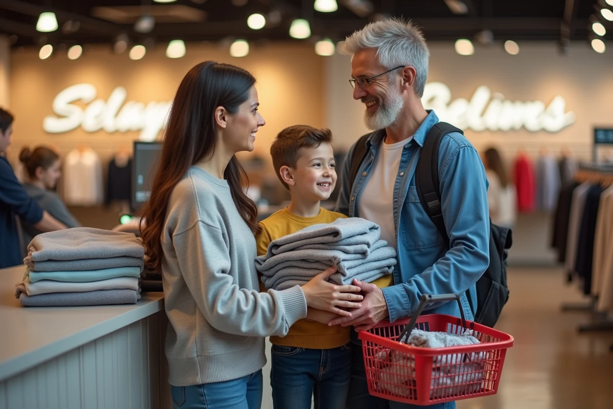 Famille faisant leurs achats ensemble près des caisses du magasin C&A à Noyelles-Godault