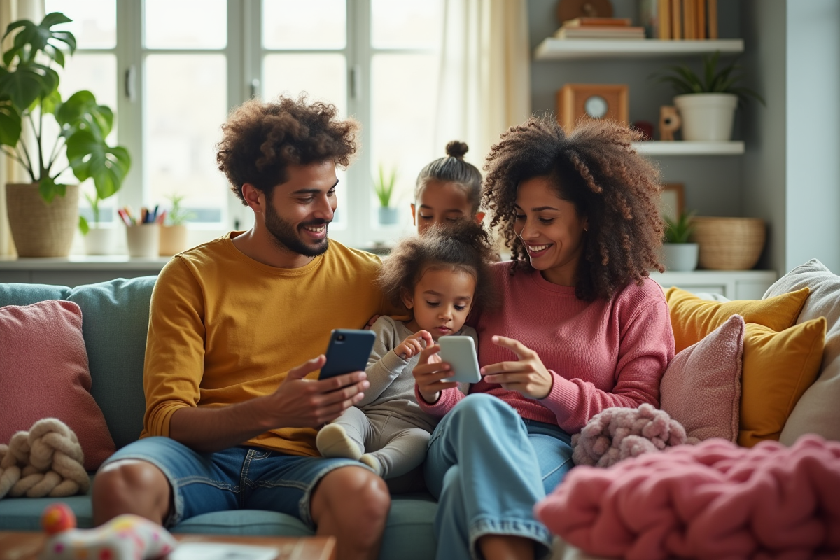 Famille dans le salon avec vêtements et meubles intelligents