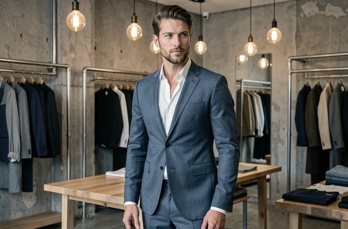 Un homme en costume moderne bleu sans cravate dans la boutique Father et Sons à Saint-Germain-en-Laye