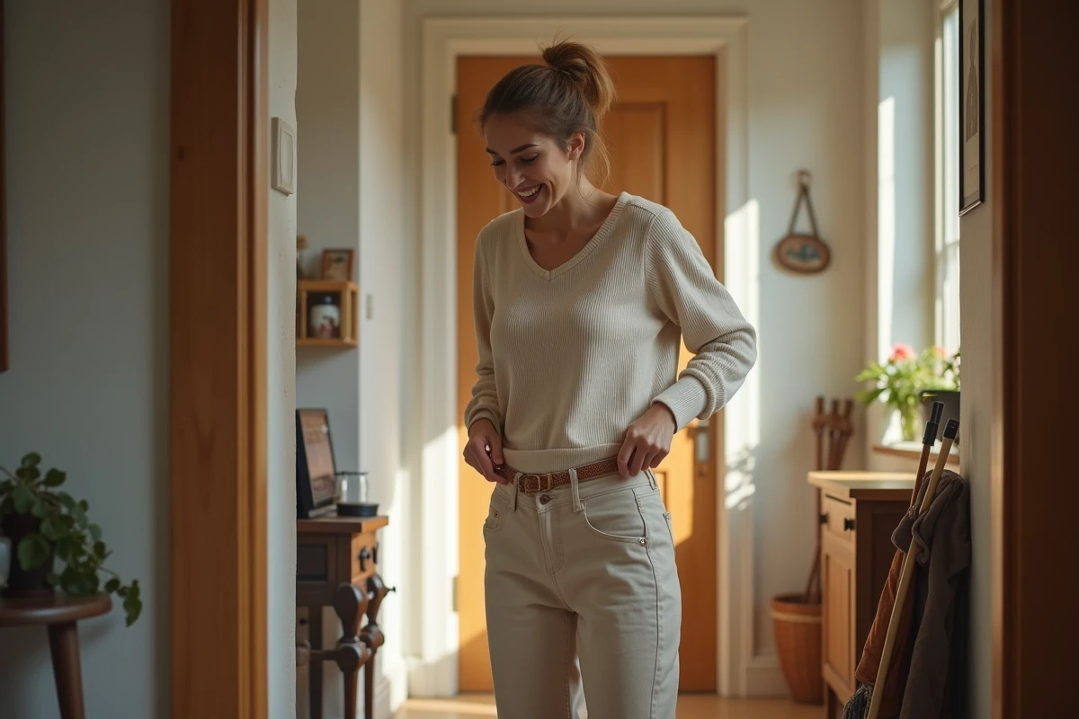 Femme ajustant sa ceinture dans un foyer lumineux