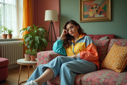 Femme en windbreaker coloré et jeans haut taille assise dans un salon rétro
