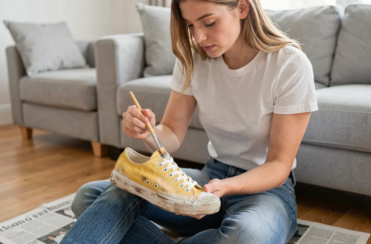 Jeune femme appliquant de la peinture blanche sur une sneaker jaunie dans un salon moderne, restauration chaussure maison
