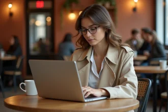 Jeune femme élégante consultant un blog de mode sur son ordinateur portable dans un café parisien pour trouver des looks à petit prix