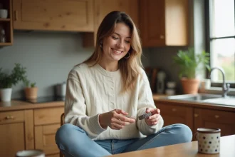 Femme souriante compare deux kits de bracelets faits maison