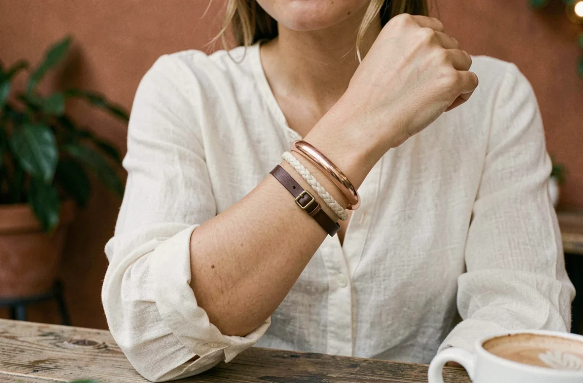 Femme portant des bracelets empilés en métal, cuir et lin au quotidien dans un café