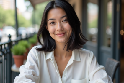 Femme souriante avec cheveux noirs naturels en portrait extérieur