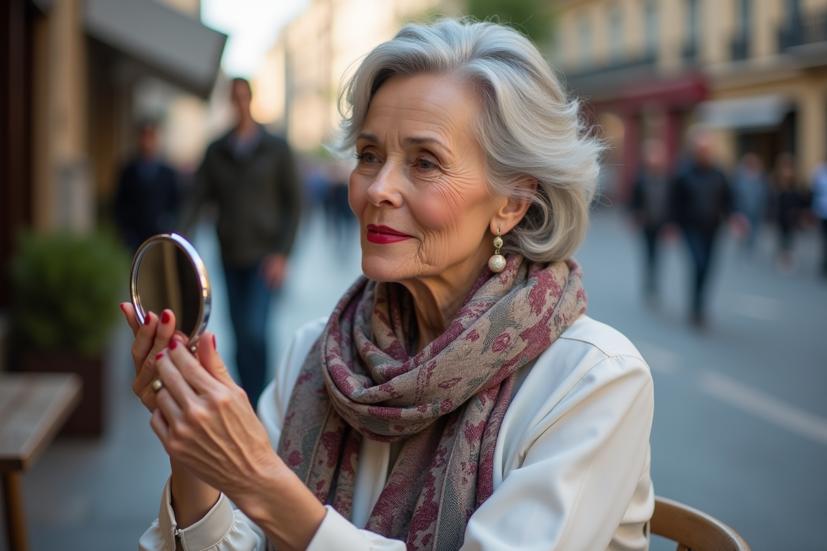 Femme mature se maquillant au café en extérieur