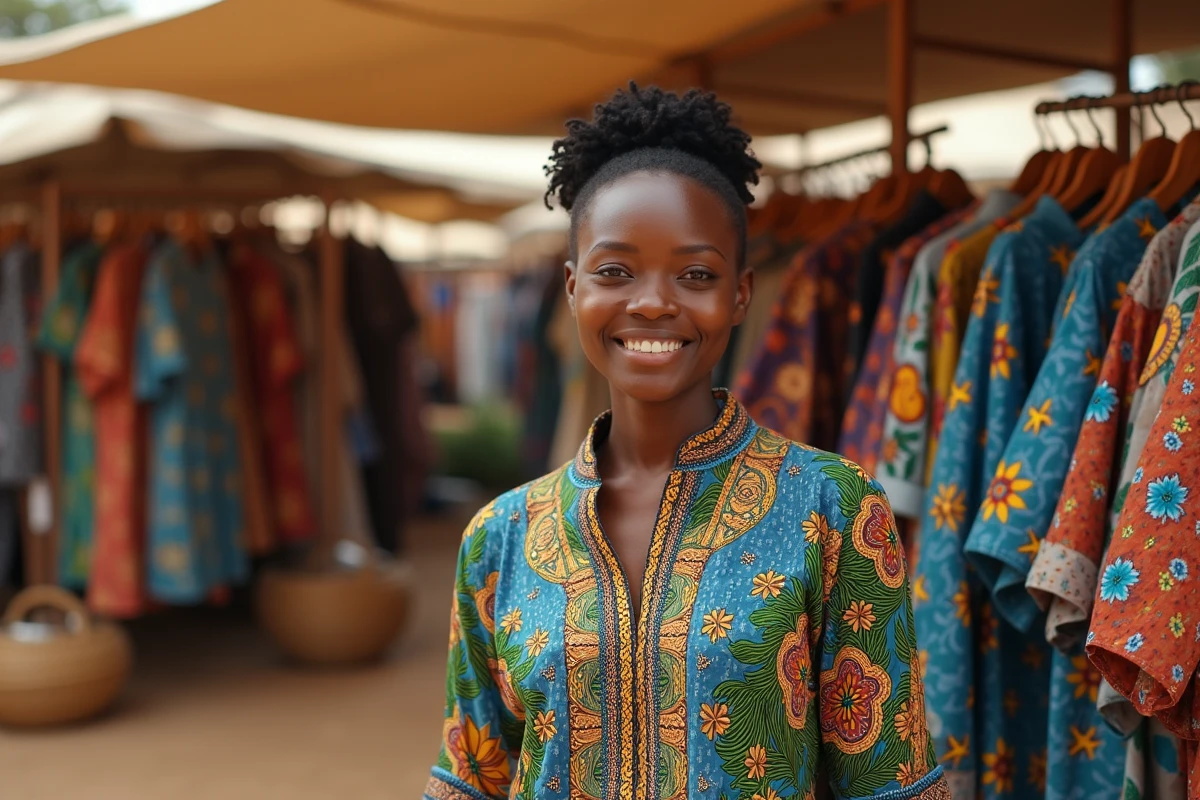 Femme portant une chemise africaine artisanale en tissu ankara dans un marché local coloré