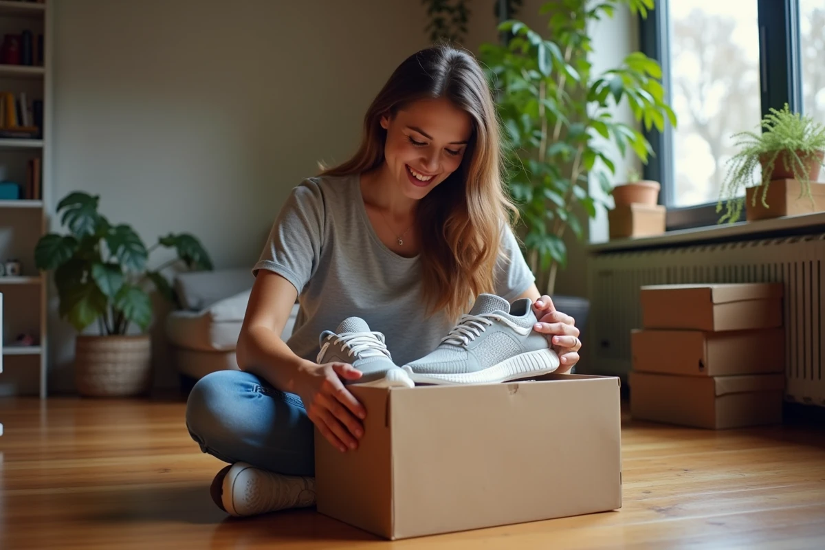 Femme souriante découvrant ses sneakers dans son appartement