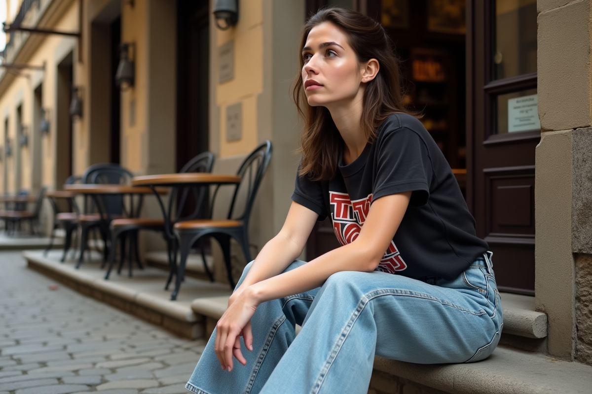 Femme en jeans 90s assise devant un café européen