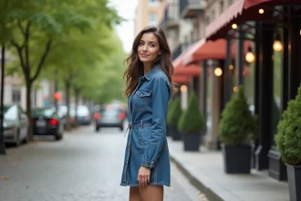Femme en robe en denim dans une rue urbaine élégante