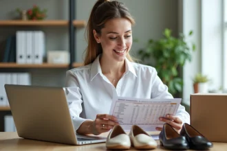 Femme d affaires regardant un tableau de conversion de pointure chaussures