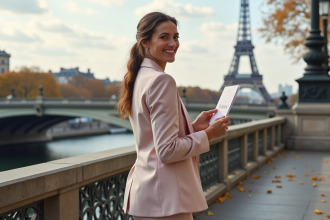Femme confiante en tailleur pastel devant pont parisien
