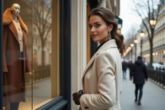 Femme élégante devant une vitrine de boutique de luxe sur l'Avenue Montaigne à Paris au printemps