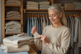 Femme examinant la texture d'un pull en cachemire dans une boutique de mode, gros plan sur le tissu fin et délicat