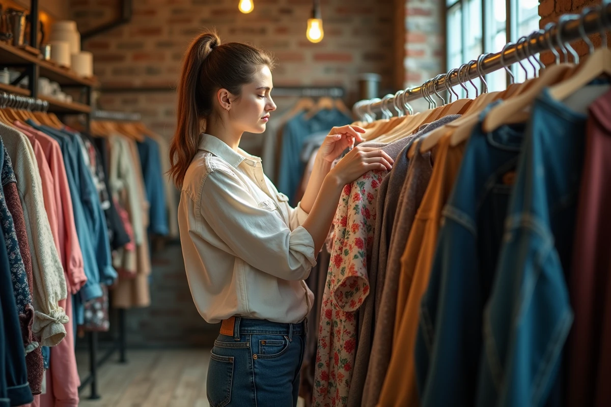 Femme qui fait du shopping dans une friperie locale, parcourant des vêtements de seconde main sur un portant en bois