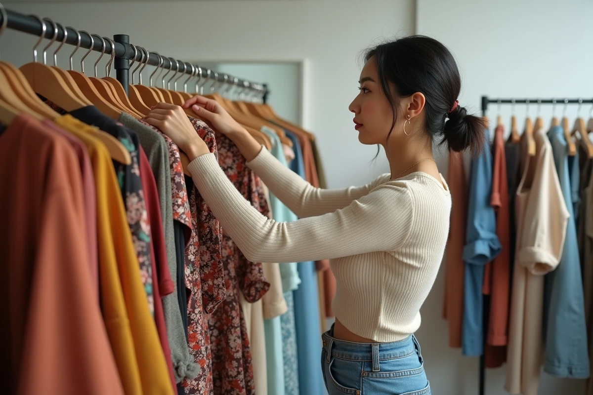 Femme cherchant une robe tendance à prix réduit dans une boutique de vêtements de seconde main pour reproduire un look de blog mode
