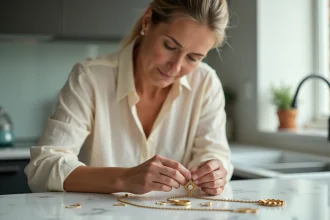 Femme inspectant un collier plaqué or usé sur un comptoir en marbre blanc pour évaluer sa valeur avant revente ou recyclage
