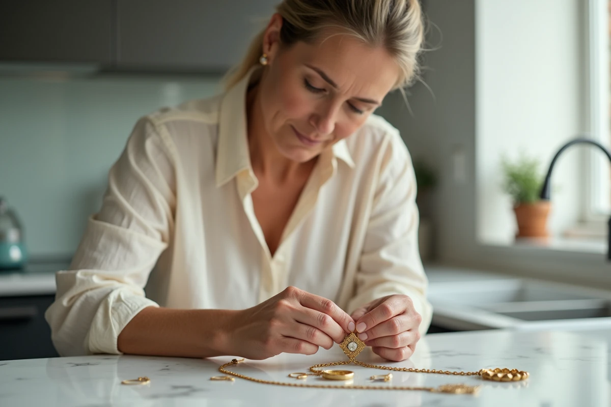 Femme inspectant un collier plaqué or usé sur un comptoir en marbre blanc pour évaluer sa valeur avant revente ou recyclage