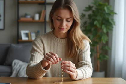 Jeune femme examine deux chaînes en or chez elle