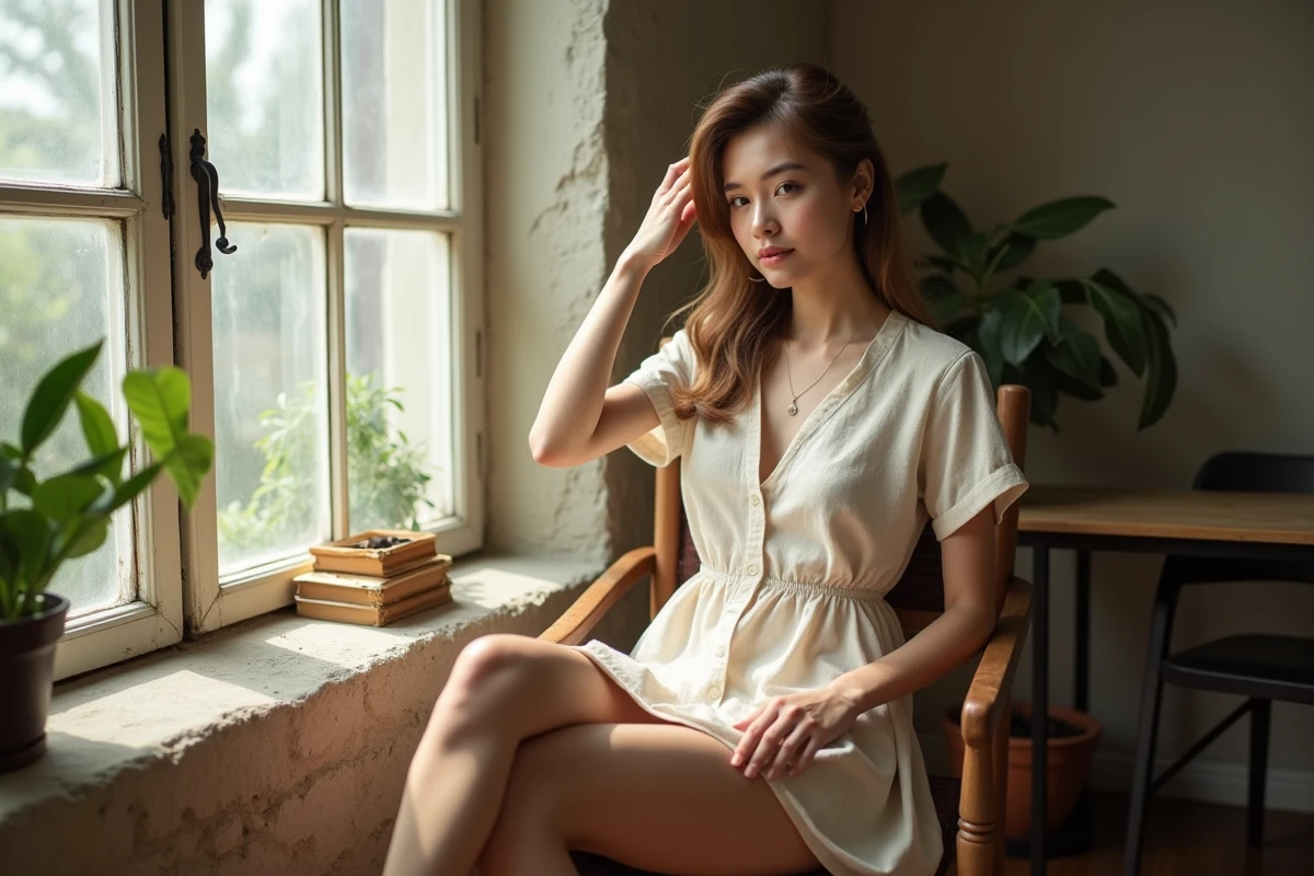 Jeune femme en robe en lin dans un intérieur lumineux