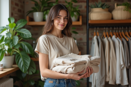 Jeune femme tenant un linge en lin dans une boutique écologique