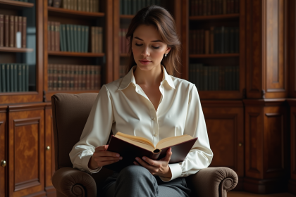 Femme élégante lisant dans une bibliothèque raffinée