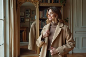 Femme élégante essayant un manteau en laine à Paris