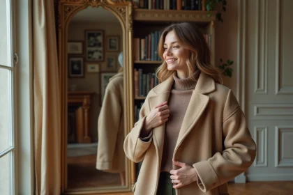 Femme élégante essayant un manteau en laine à Paris