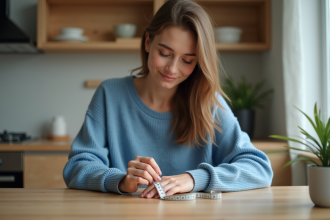 Femme mesurant sa bague avec un ruban dans la cuisine
