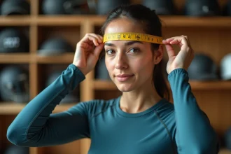 Femme mesurant son tour de tête avec un mètre ruban souple jaune pour choisir un casque de sport