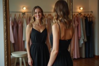 Femme souriante essayant une robe noire devant un miroir vintage
