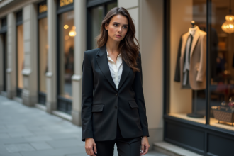 Jeune femme en costume dans une boutique de mode urbaine
