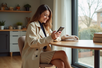 Femme élégante utilisant son téléphone dans un intérieur lumineux