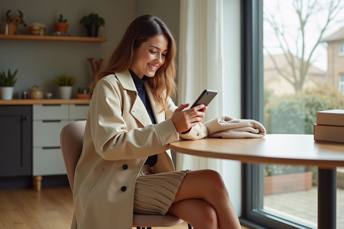Femme élégante utilisant son téléphone dans un intérieur lumineux