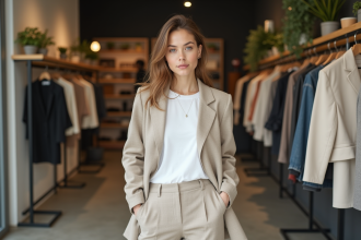 Femme élégante en blazer en lin durable dans boutique chic