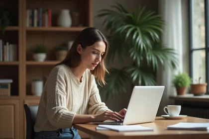 Femme concentrée vérifiant son relevé bancaire à la maison