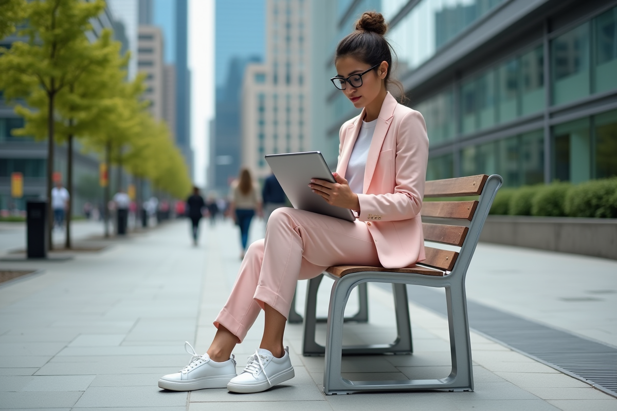 Femme élégante en tailleur pastel travaillant en extérieur